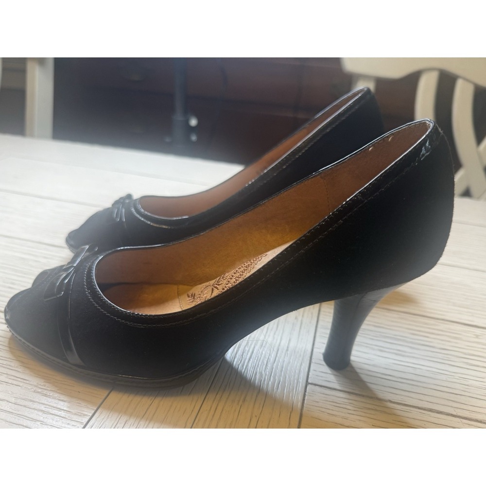 Sofft 1015421‎ Women Black Open Toe Bow Leather Approx 3"Heel Shoe Size 8.5 Wide